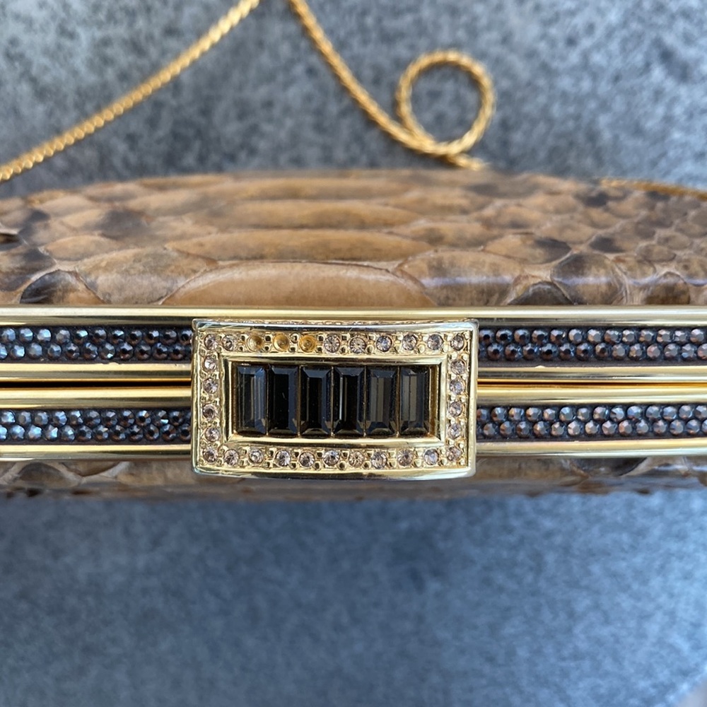 Judith Lieber snake skin jeweled box frame clutch